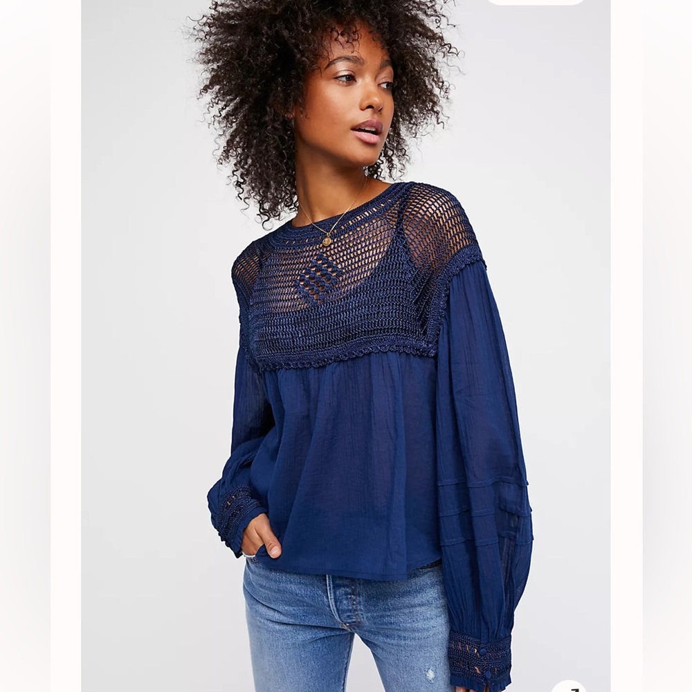 Free People Early Frost navy blue crocheted long sleeve blouse top Size S